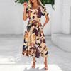 Women's Summer Short Sleeve Round Neck Waistband Bohemian Flowy Maxi Dress With Pockets