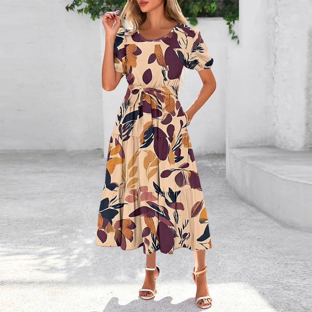 Women's Summer Short Sleeve Round Neck Waistband Bohemian Flowy Maxi Dress With Pockets