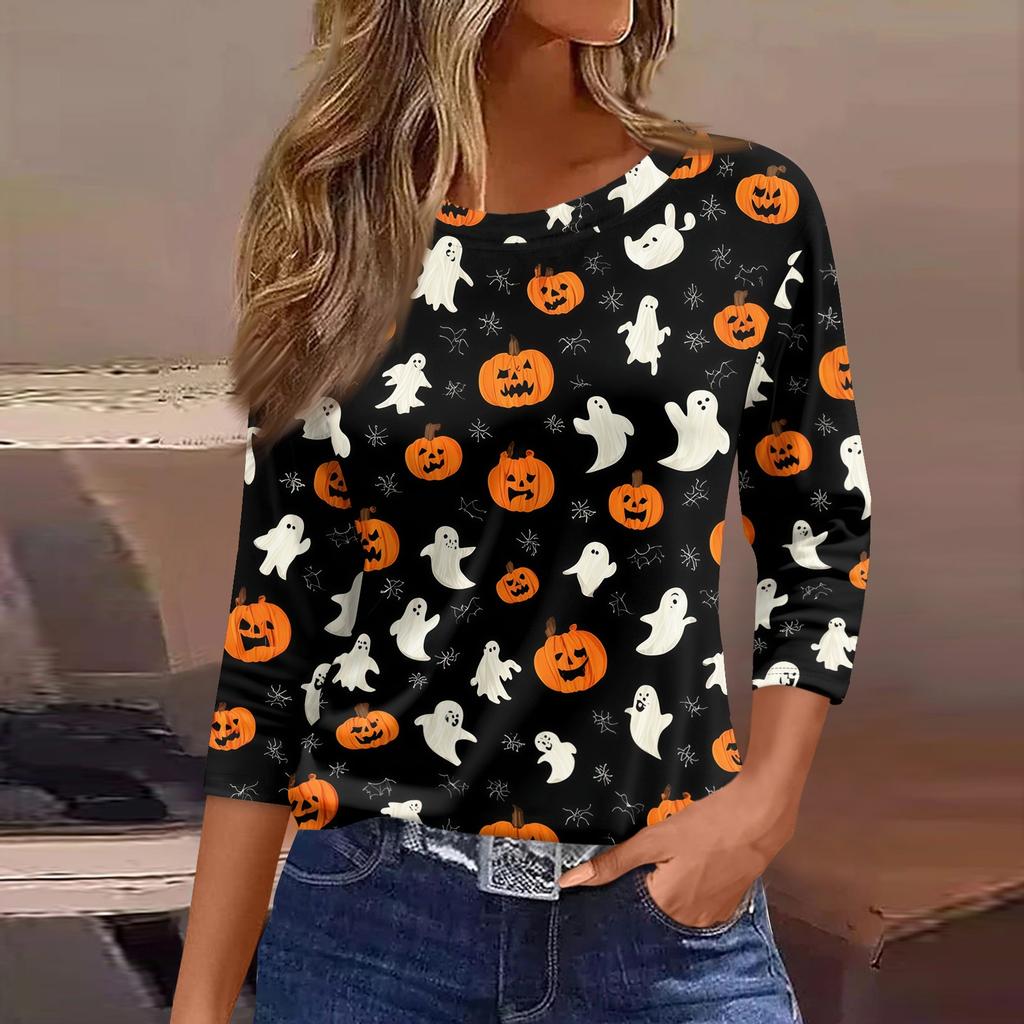 Womens Casual Loose Fit Halloween Print T Shirt Round Neck Three Quarter Sleeve Blouse Comfortable Everyday Wear