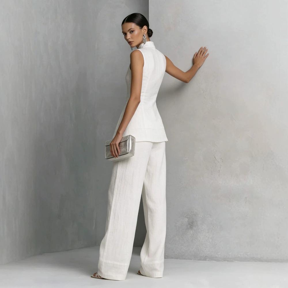 Europe, America, drape cotton and linen shirt solid color fashion temperament sleeveless trousers suit
