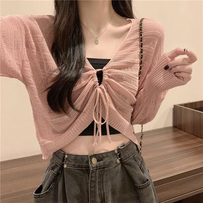Pink Reversible Hollow Drawstring Knitted Sun Protection Cardigan for Women In Summer Thin Design with Small Camisole and Outer Cover