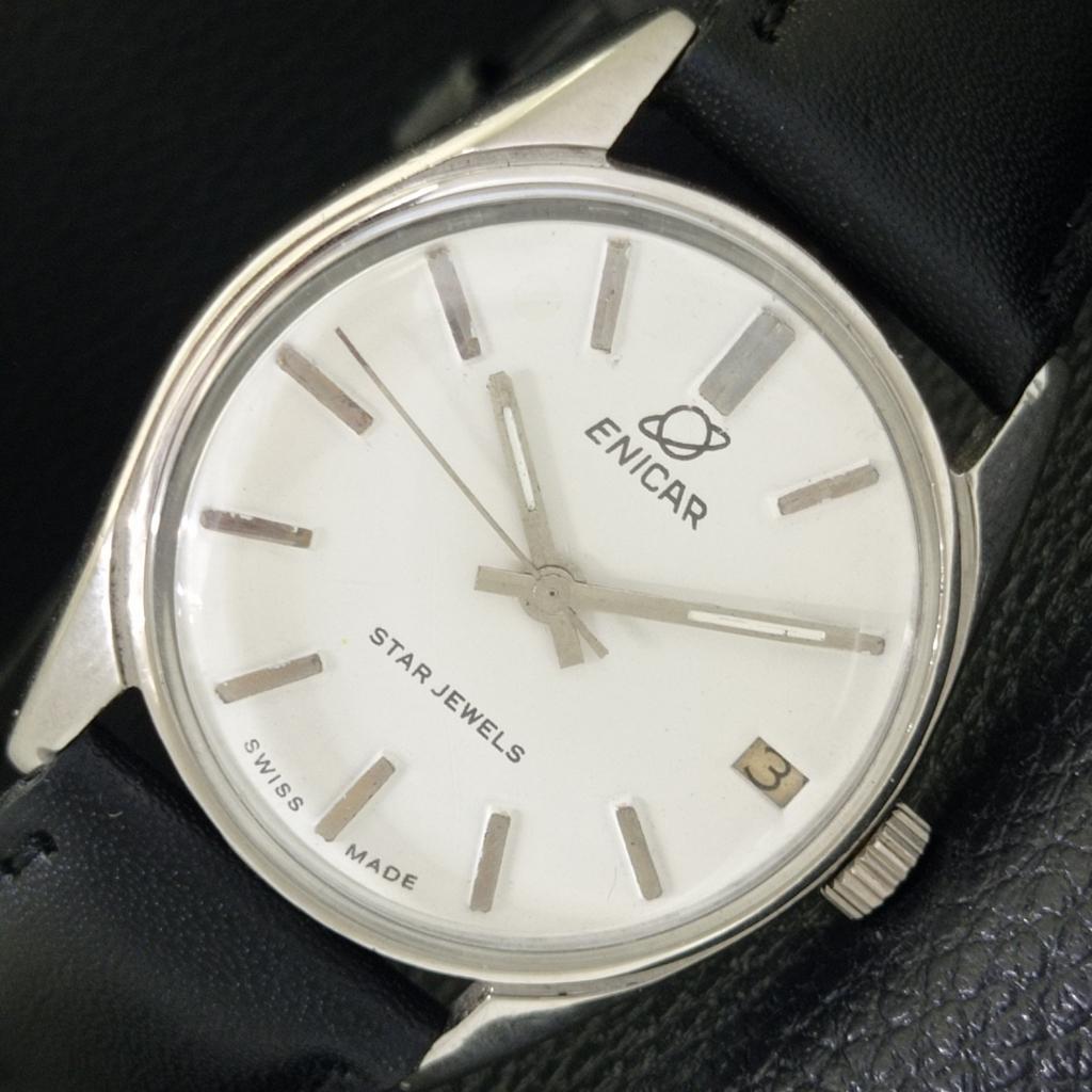 VINTAGE ENICAR STAR JEWELS HAND-WINDING SWISS MENS WHITE DIAL WATCH A702036-5 R208-a702036