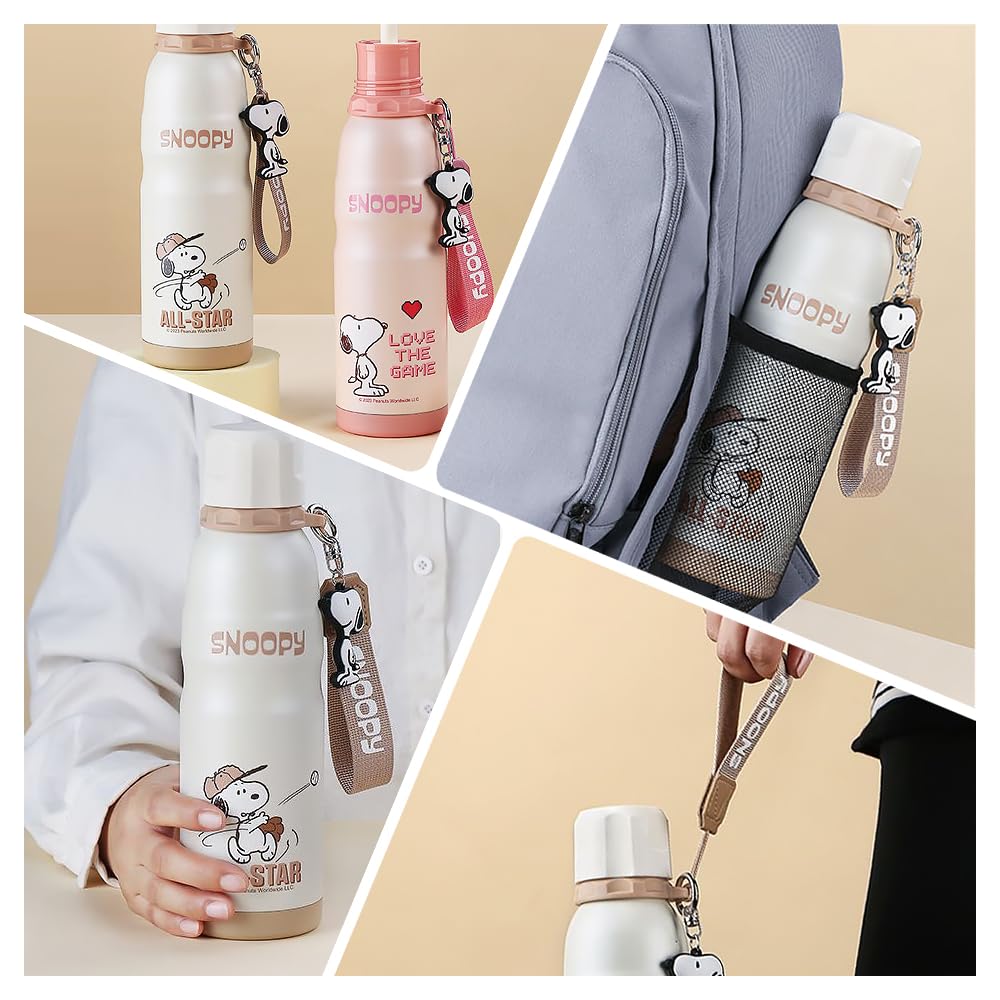 Snoopy Water Stainless Insulates Hot or Easy to Perfect for and Outdoor Unisex Bottle, Lightweight, Slim, Steel, 600ml, Cold, Clean, Leak-Proof,