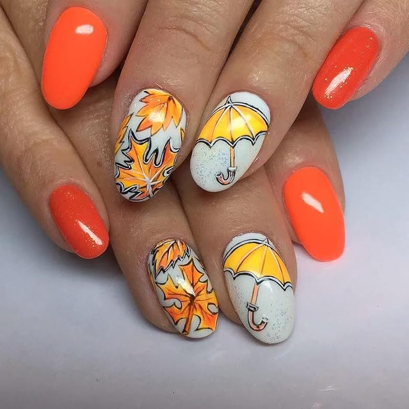 Fall Leaf Press On Nails Thanksgiving Fake Nails with Rhinestones Design Long Almond Autumn Acrylic Nail Glossy Maple Leaves Glue On Nail for Women