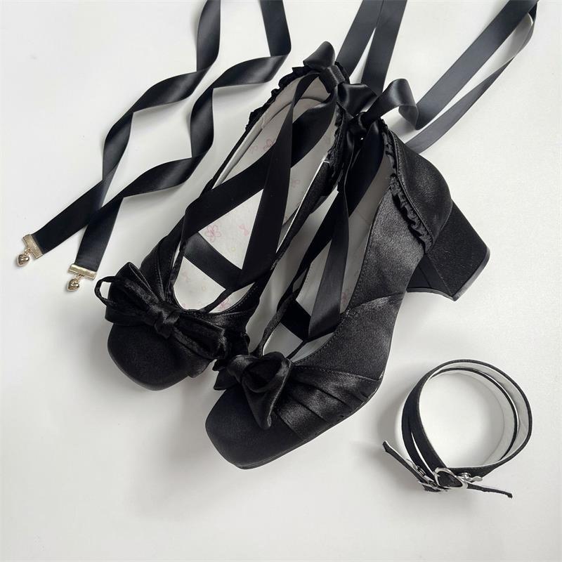 Satin ballet Mary Jane shoes women's lolita shoes 2025 new thick heel square head ribbon girl bow single