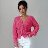Women's V‑Neck Long Sleeve Knit Cardigan Loose Fit Commuter Style 3D Bow Decor Sweater