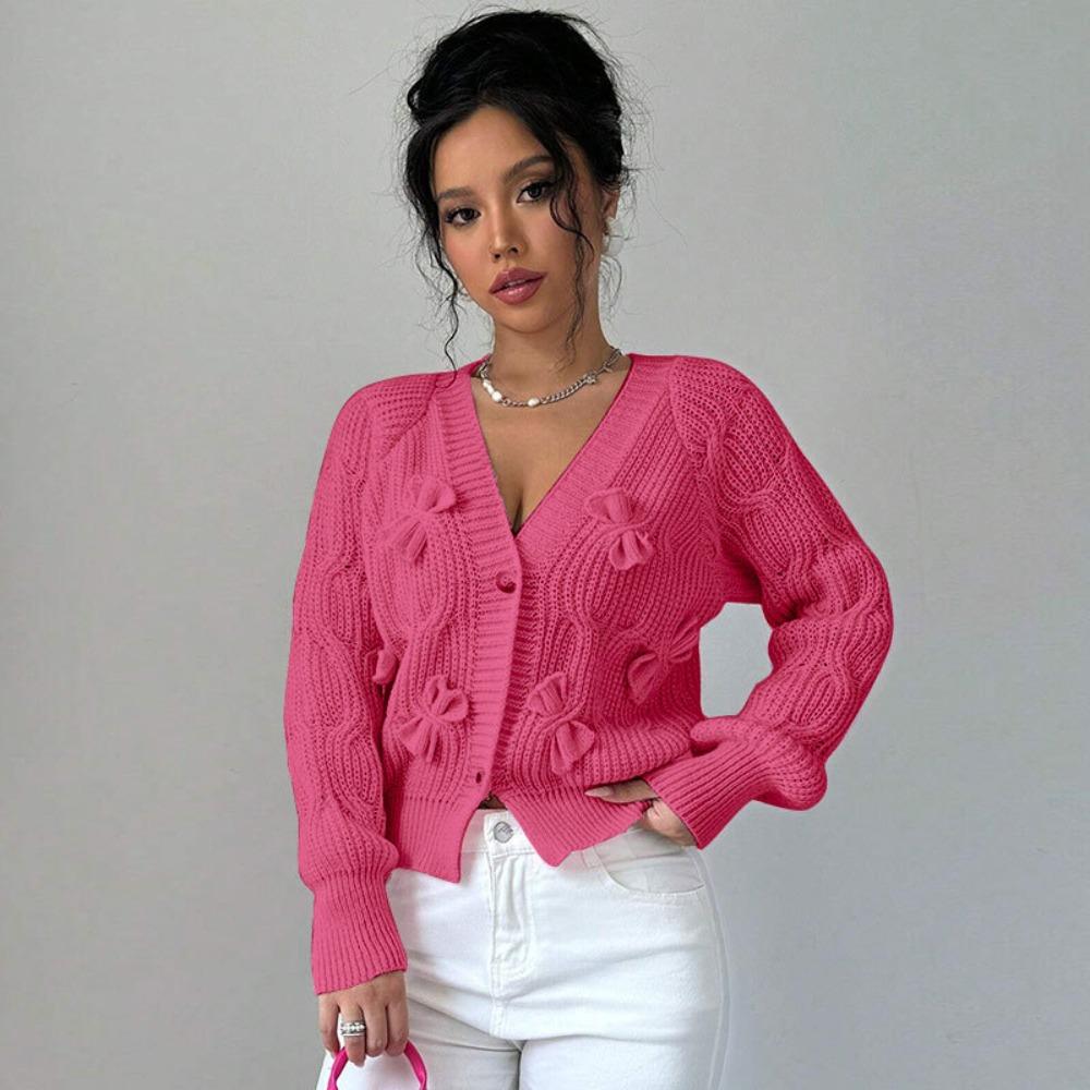 Women's V‑Neck Long Sleeve Knit Cardigan Loose Fit Commuter Style 3D Bow Decor Sweater