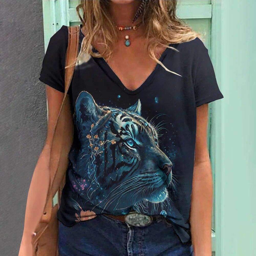 Summer V-neck 3D Animal Pattern Printed Top Fashionable Casual Short Sleeved Women's T-shirts