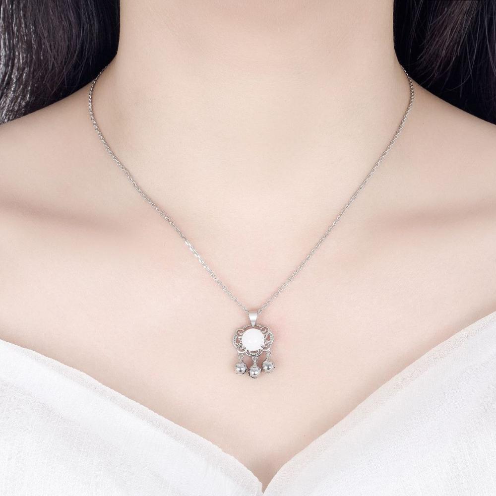 925 Sterling Silver Fashion Classic Auspicious Cloud Bell White Jade Safety Lock Pendant Necklace Birthday Anniversary Gift