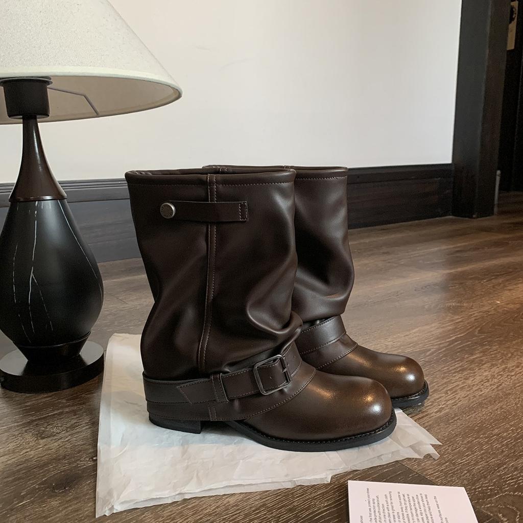 Cowhide version of grape mother, the same Spice Girl pant tube boots, women's fashionable wasteland wind pleated buckle, western cowboy boots, shor