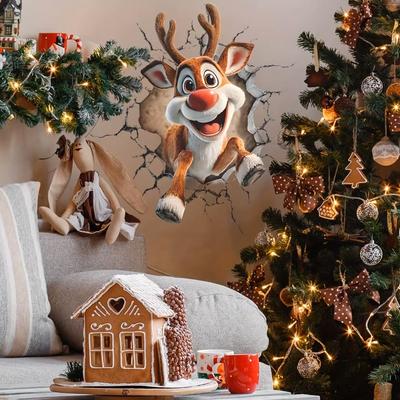 Cartoon Gebroken Muur Kerstman Muursticker Voor Kerstkamer Achtergrond Decor Muurschildering Nieuwjaarsdecoratie Zelfklevende Sticker