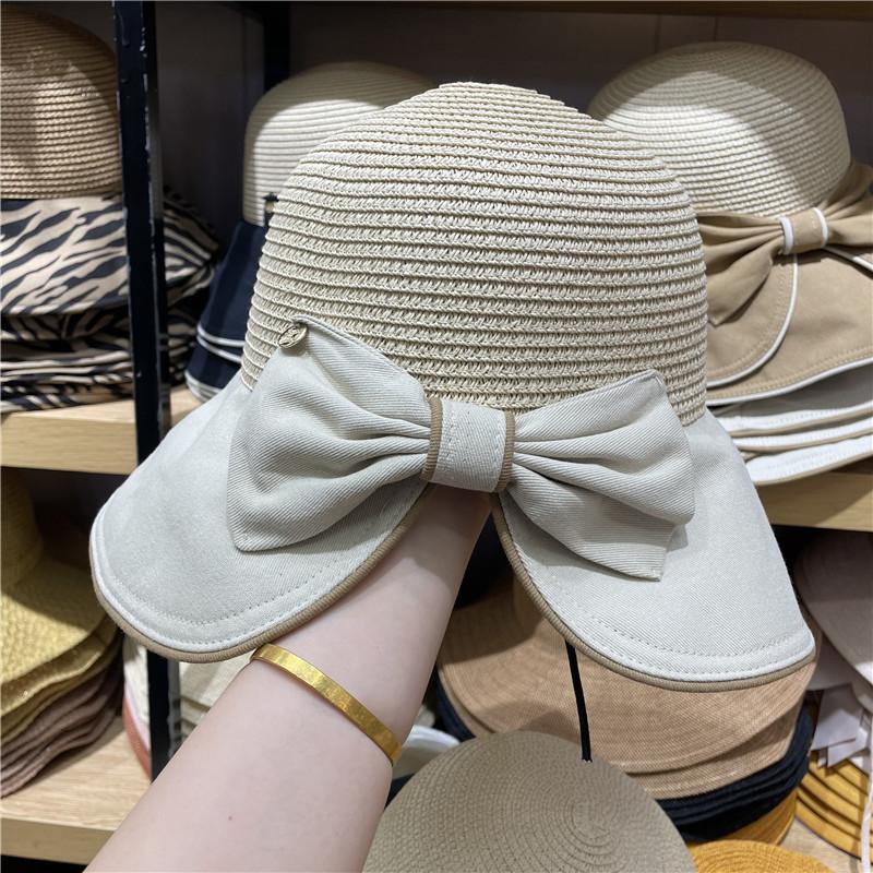 Hat Female Retro Bow Split Fork Elegant Straw Hat Big Eaves Bucket Hat Seaside Vacation Sun Protection Beach Hat