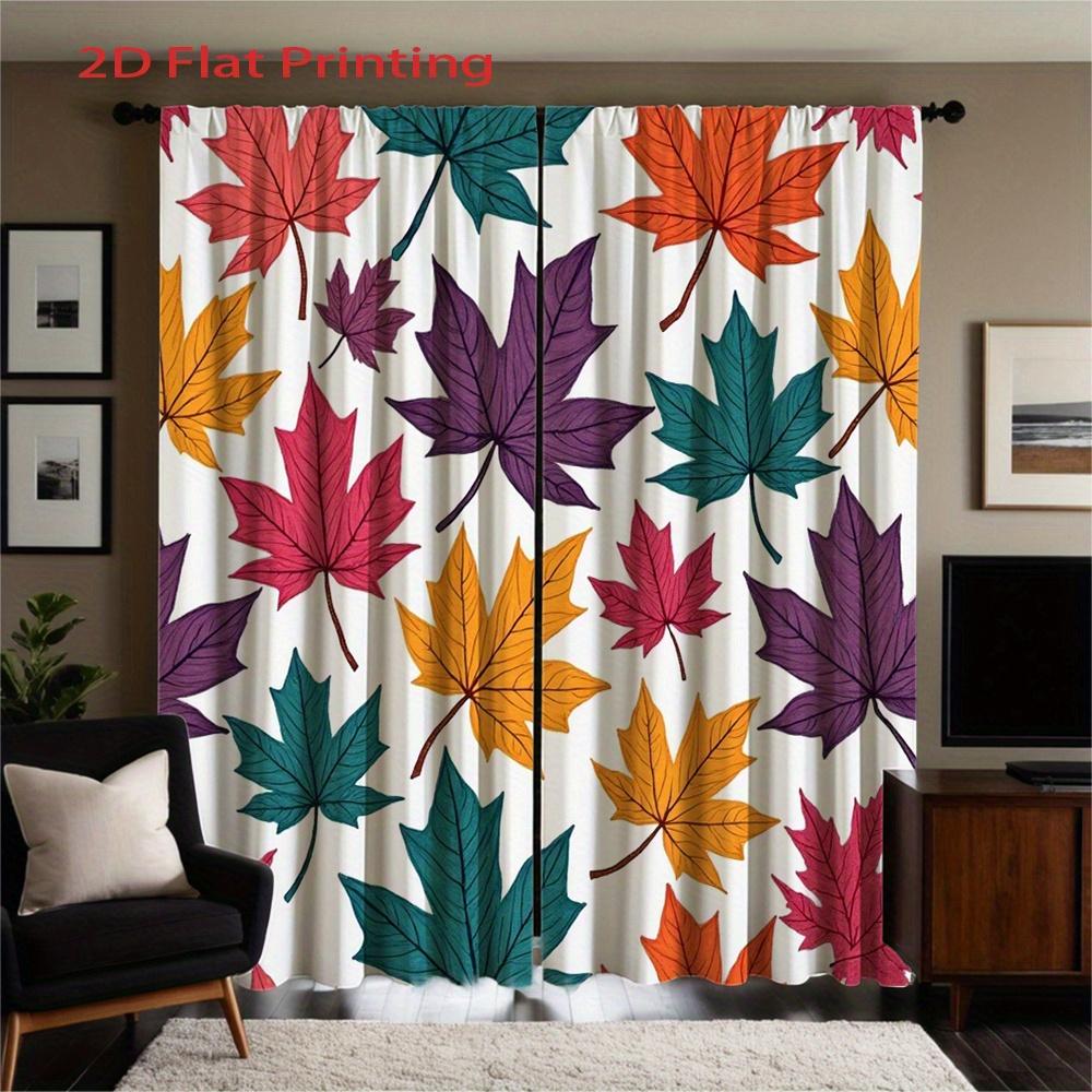2D Flat, 2pcs Autumn Leaf Pattern Colorful Curtains for Bedroom Living Room Rod Pocket Flannel Fabric Home Decor Style Living Ro