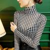 Spring Autumn New High Collar Shiny Silk Bottoming Shirt Women's Mesh Slim Fit Plaid Tshirt Long Sleeve Top