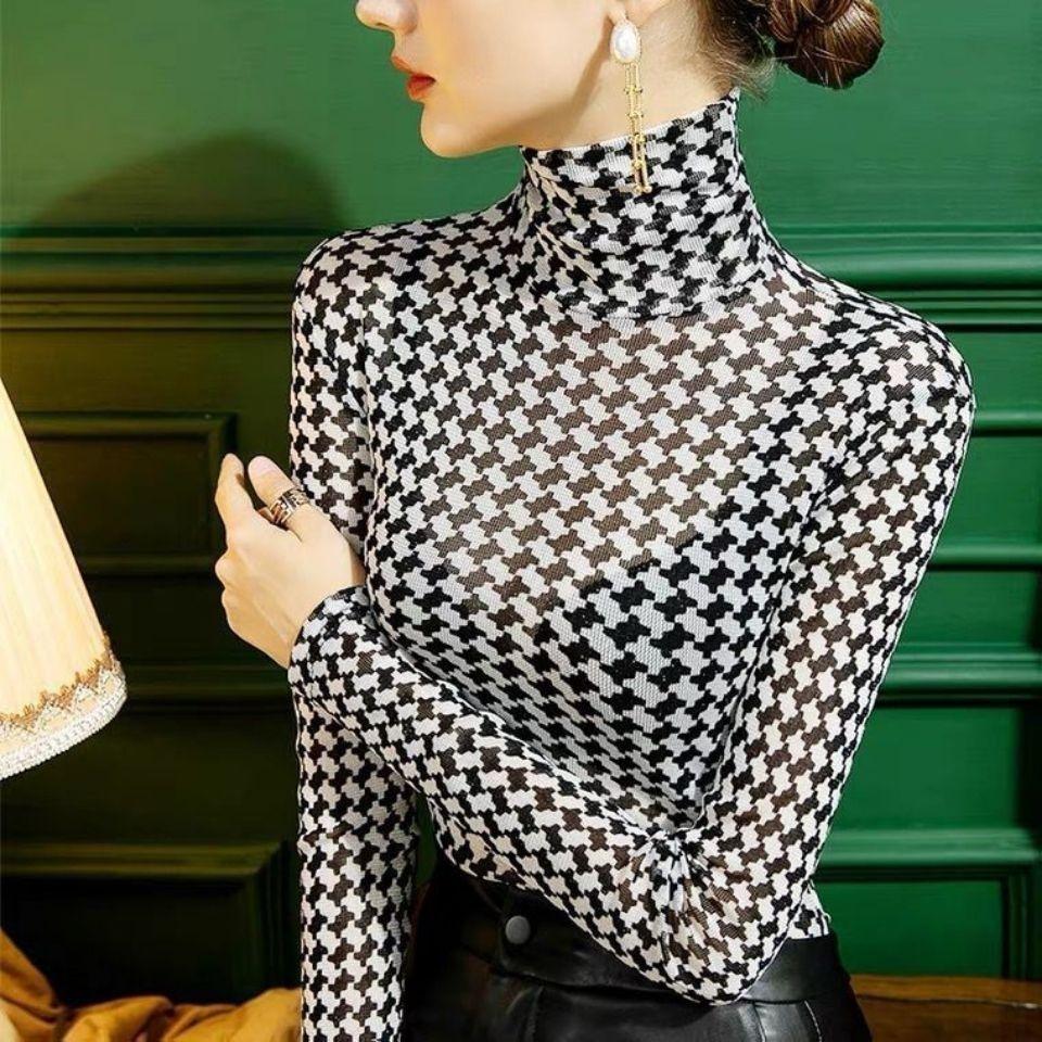 Spring Autumn New High Collar Shiny Silk Bottoming Shirt Women's Mesh Slim Fit Plaid Tshirt Long Sleeve Top
