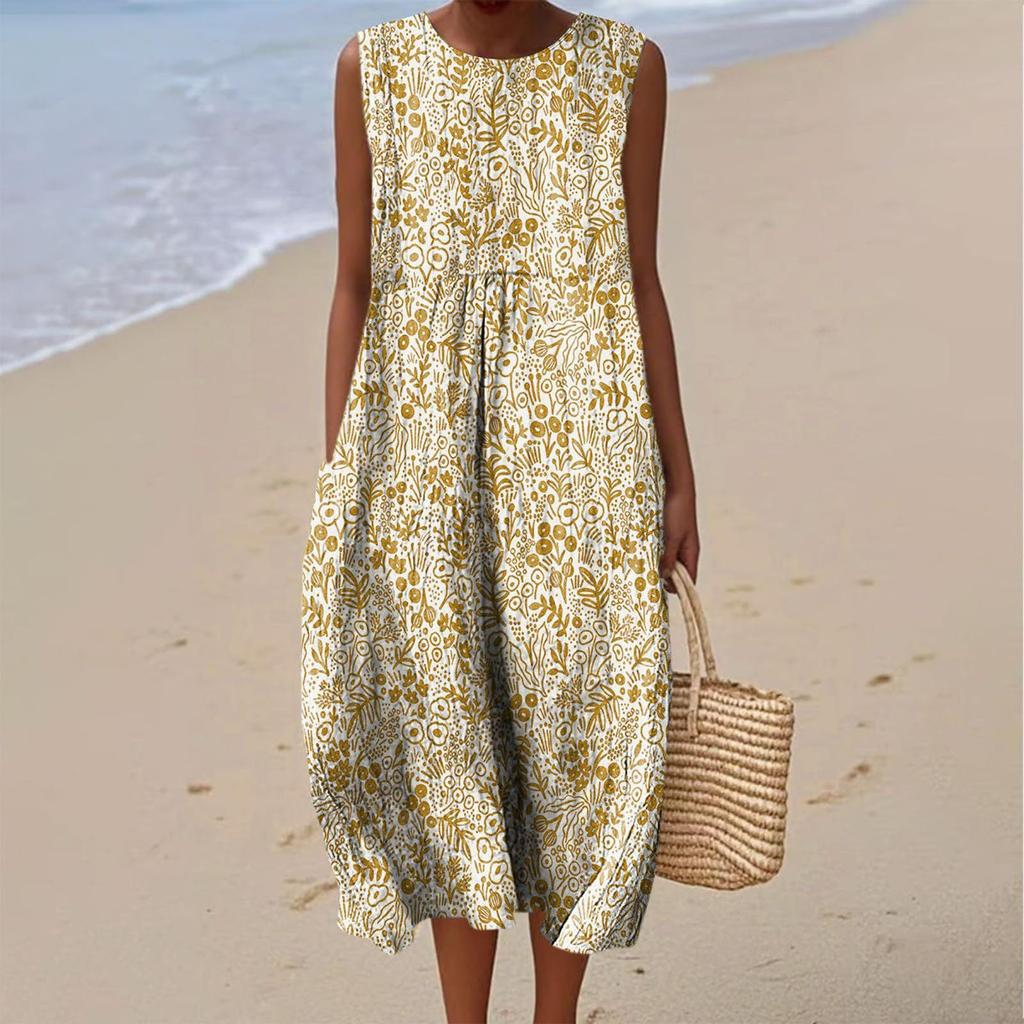 Summer European and American women's new sleeveless seaside vacation D printing dress