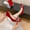 Fashion Beaded Rhinestone Women High Heels Shoes Red Suede Wedding Bridal Pumps Shoes Bow Temperament Thin Heeled Autumn Single Shoe