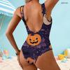 Women Plus Size Scoop Neck Wide Straps High Cut One Piece Swimsuit Halloween Pumpkin Floral Printed