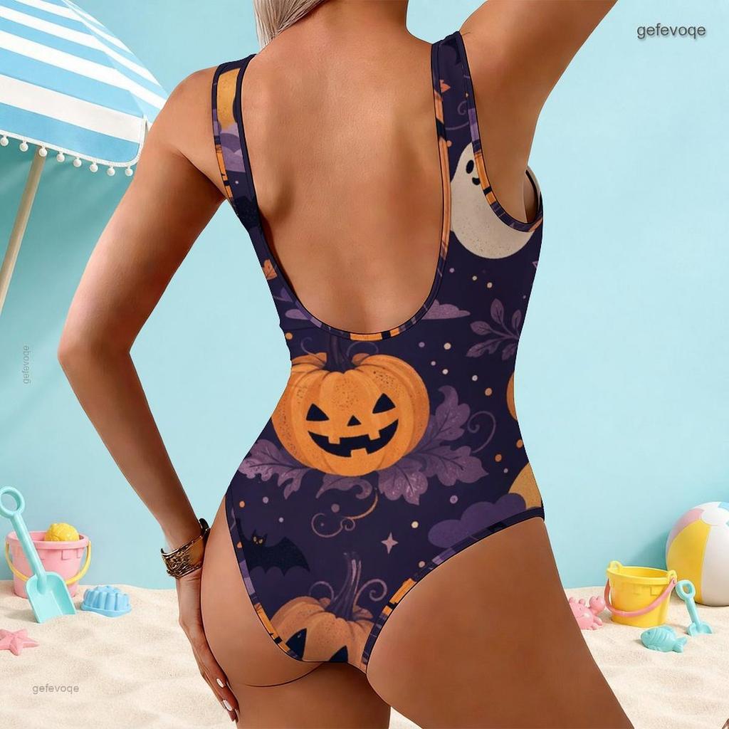 Women Plus Size Scoop Neck Wide Straps High Cut One Piece Swimsuit Halloween Pumpkin Floral Printed