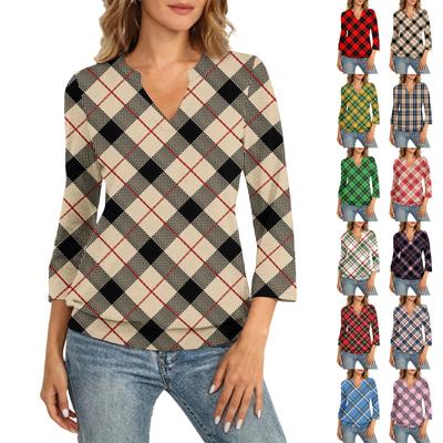 Women's 3/4 Sleeve Top Neck Hem V-Neck Summer Casual -Shirt Plaid Printed Top