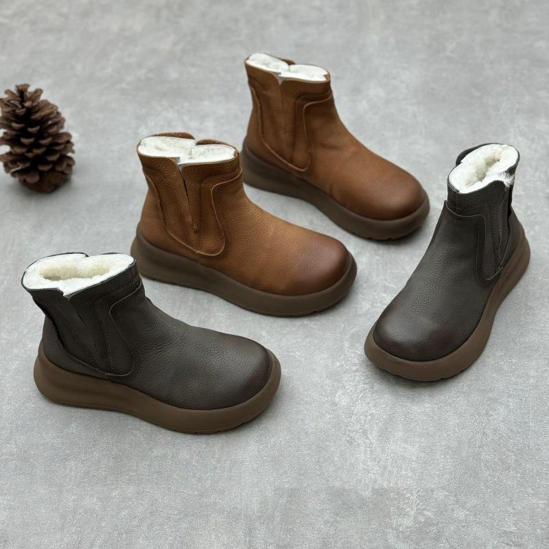 Johnature Echte Lederstiefel aus Baumwolle, handgefertigt, Retro, runde Zehenpartie, dicke Sohle, warme Wollstiefel für Damen