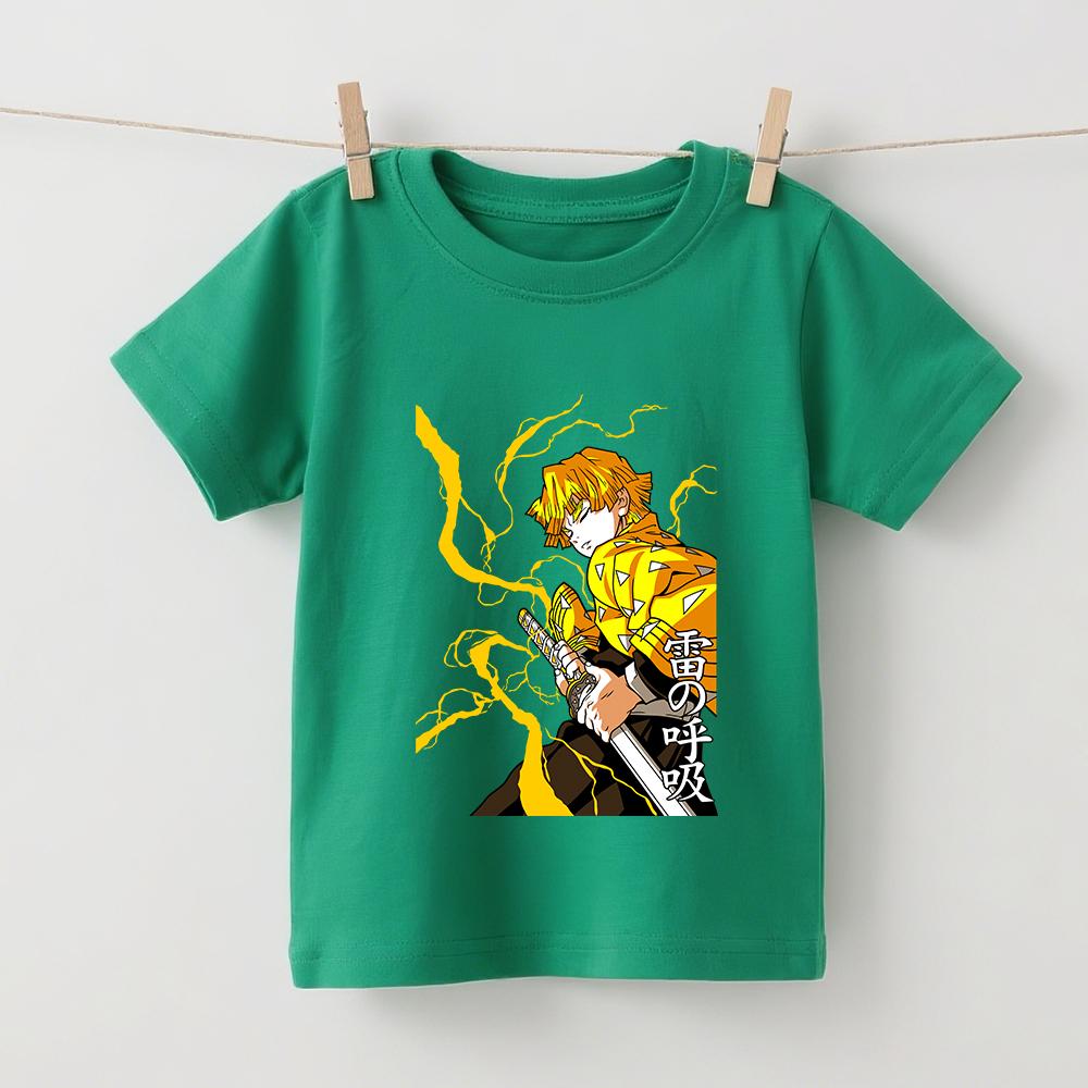 Demon Slayer Zenitsu Anime Print Cotton T Shirt for Children Boys Girls Summer Short Sleeve Casual Daily Wear Tops