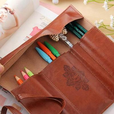 Retro Bandage Synthetic Leather Pen Bag Pencil Case Makeup Pouch Vintage Style Rollup Pencil Case Pencil Bag