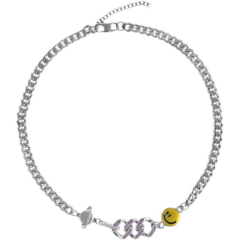 Hip Hop Smiley Planet Splicing Necklace Men's and Women's Cuban Chain Versatile Premium Sense Clavicle Chain