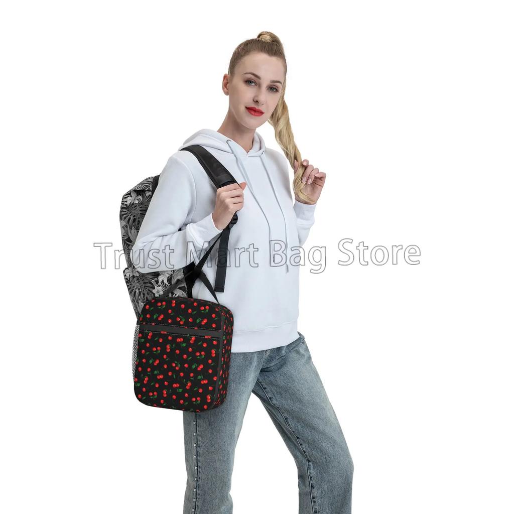 Cherry Insulated Lunch Bag for Women Girls Reusable Portable Lunch Box for Office Work School Picnic Camping Thermal Bento Tote