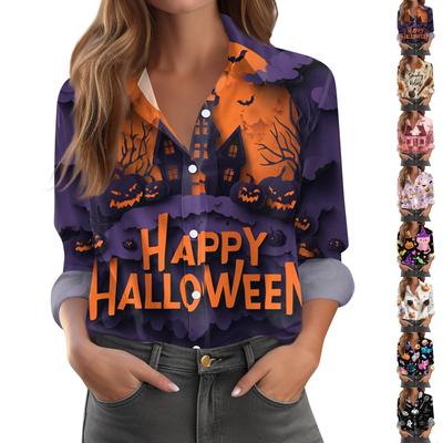 Women's Halloween Printed Casual Half-Open Collar Long Sleeve Shirt
