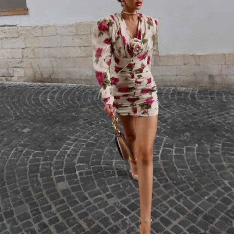  women's clothing summer new, cross-border European and American hot sale, fashionable and elegant printed pleated V-neck slim dress