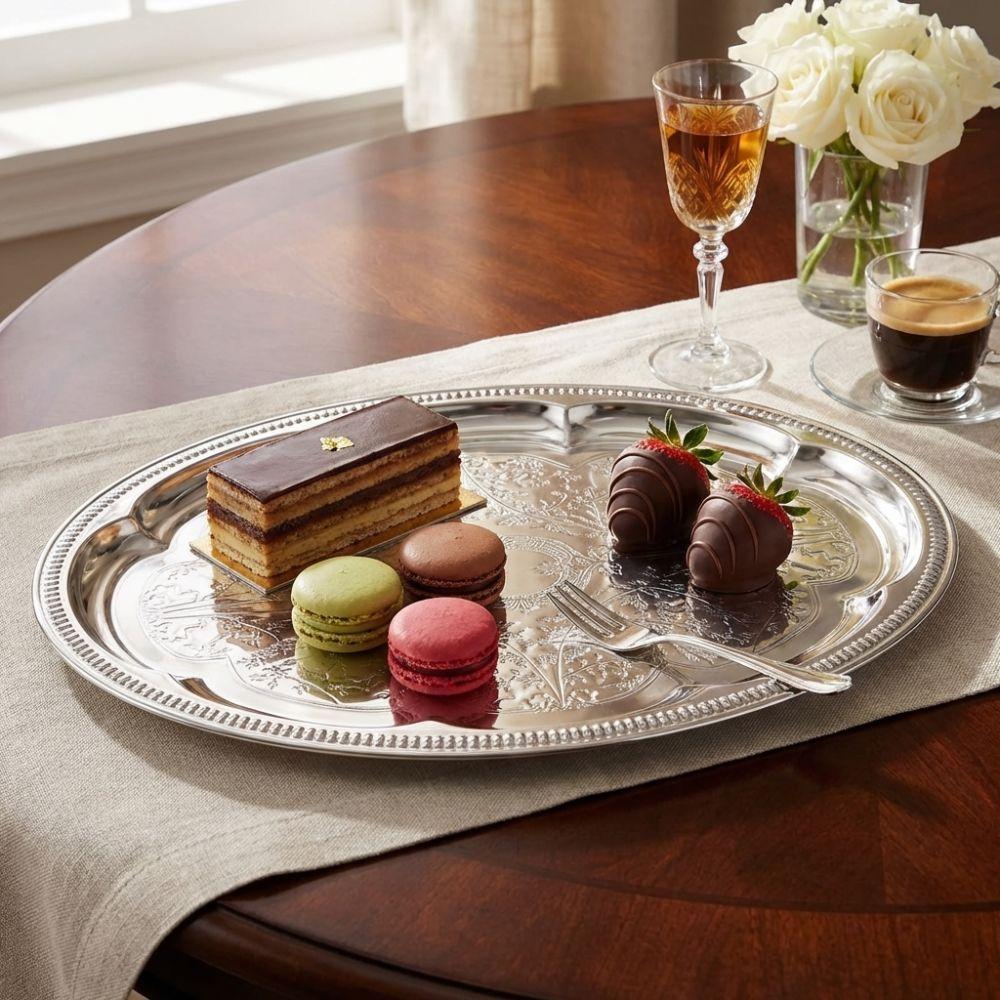New Embossed Cake Tray Stainless Steel Oval Dessert Plate Large Size Photo Props Jewelry Storage Plate Home Decoration