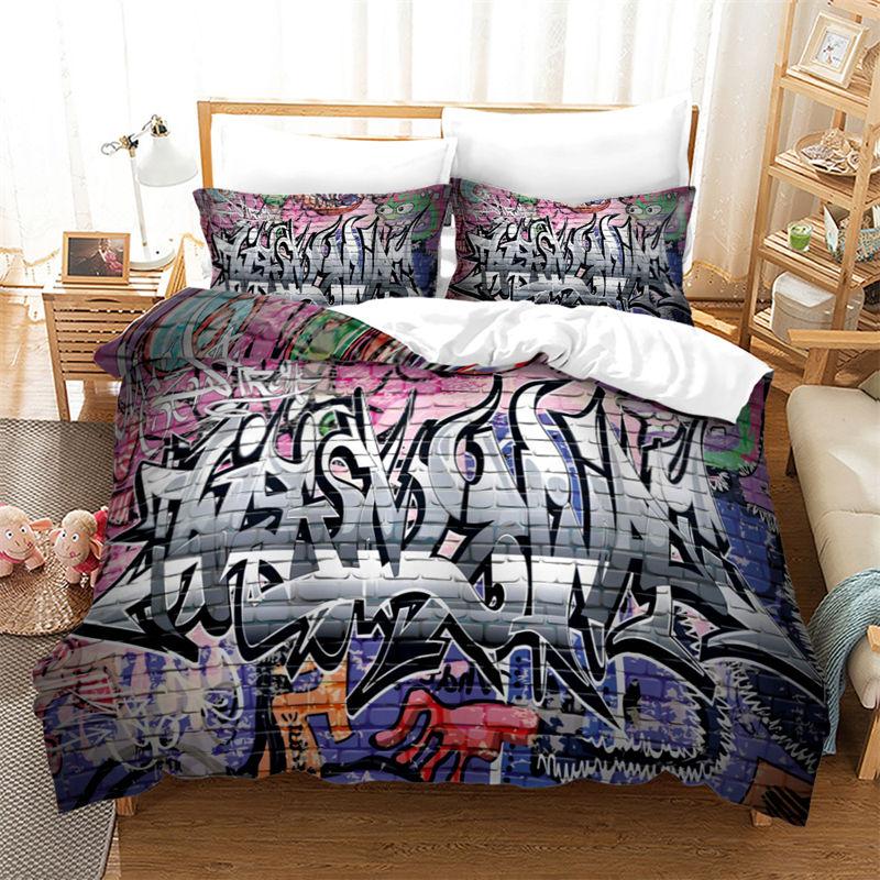 Urban Graffiti Duvet Cover Set Blockbuster Style Graffiti Sprayed Overlapping Blocky Letters Street Art Bedding Set Pillowcases