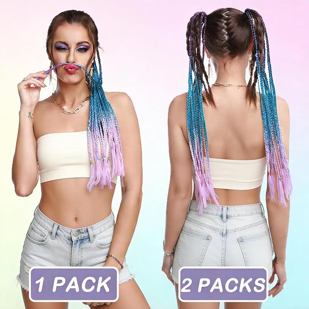 Braided Ponytail Hair Extensions 24 Inch Colorful Box Braids with Rubber Bands Synthetic Hairpieces for Girl  Women Accessories Crazy Hair Day