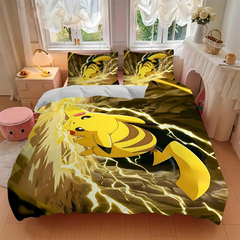 3Pcs Electric Pikachu Adventure Bedding Set Soft Fabric Duvet Cover Pillowcases Home Xmas Halloween Gift 1 Duvet Cover 2 Pillowcase S1393