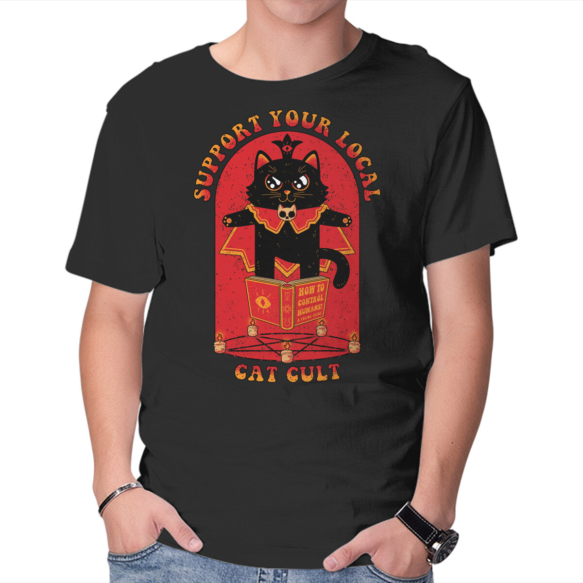Unisex Crew Neck T-Shirt Support Your Local Cat Cult Graphic Short Sleeve Casual Tee L