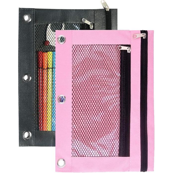 3 Ring Binder Pencil Pouch, 2 Pack Pencil Pouches with Zipper-Pencil Case with Double Pocket and Mesh Window (Purple&Red)