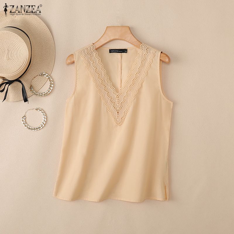 ZANZEA Women Casual Splice V-Neck Loose Sleeveless Tank Tops