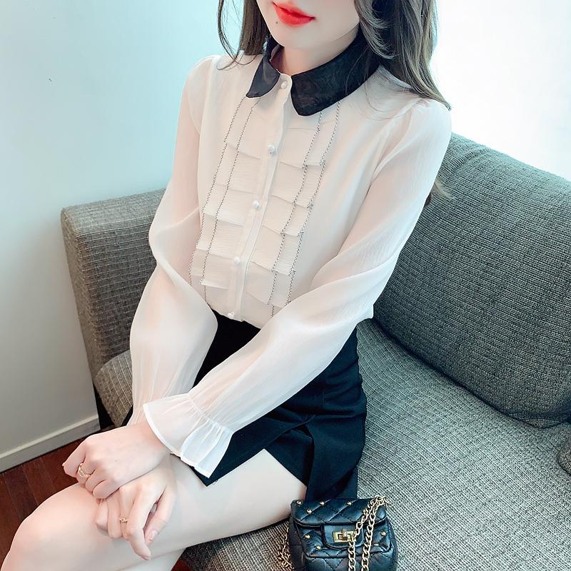 New 2024 Fashion Autumn Long Sleeve Doll Collar Casual Apricot Chiffon Blouse Shirt Women Tops Blouses Shirts J504