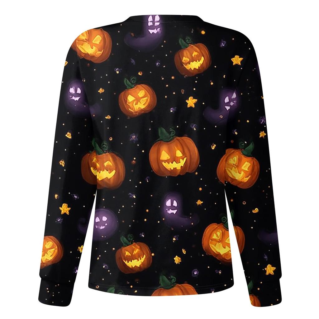 Women's Casual Fashion Long Sleeve Standing Collar Single Breasted Halloween Printed Workwear Jacket Tops