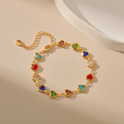Bracciale a maglie in acciaio inossidabile placcato oro con cuore multicolore e zirconi incastonati a lunetta