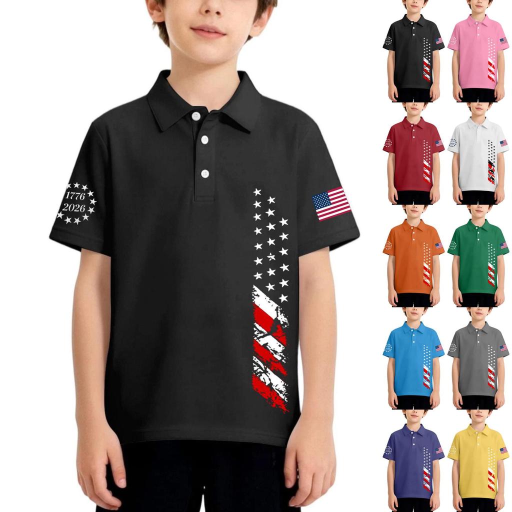 Kids Casual Short Sleeve Polo Shirt with Patriotic Flag Print Lightweight Breathable Cotton Blend Summer Tee for Boys and Girls