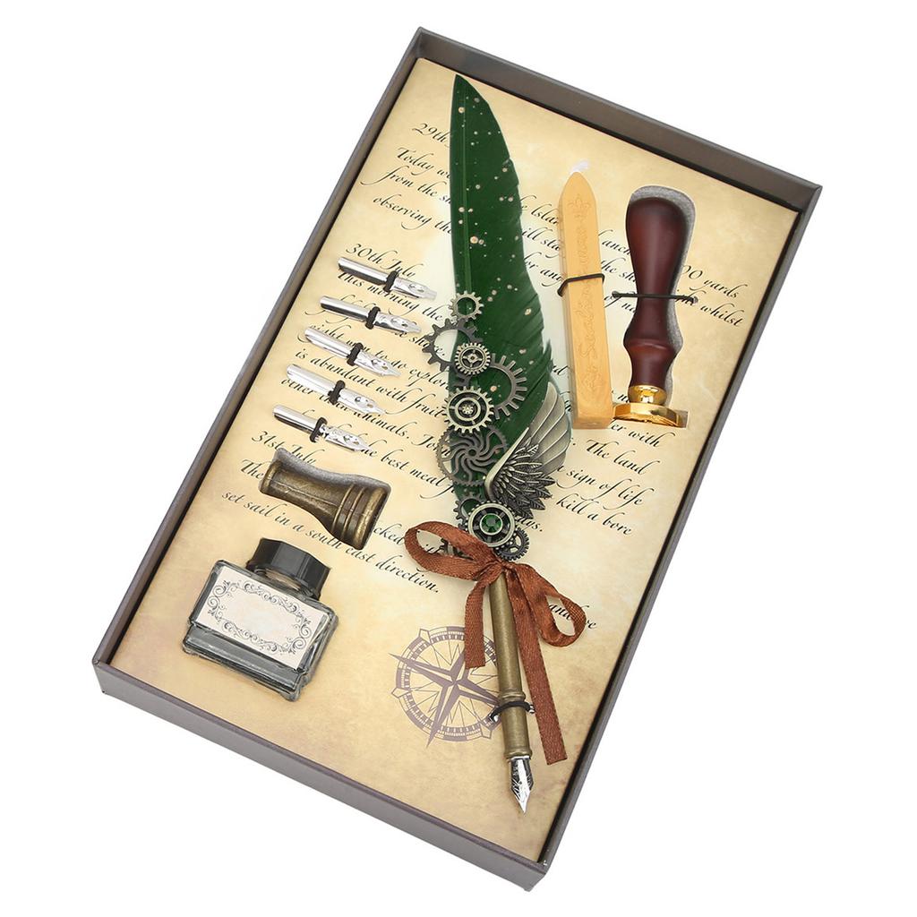 Retro Pen Set Vintage Map Pattern Quill Pen Set with 5 Replacement Nibs Pen Stand Base Ink Empty Bottle for Writing
