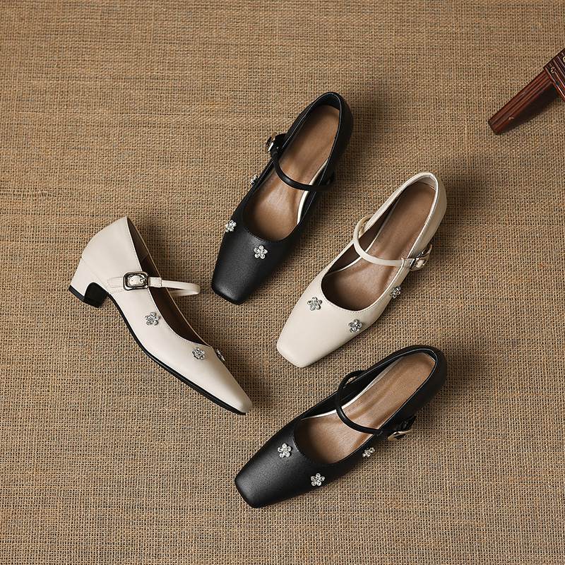 Krazing Pot Microfiber Square Toe Thick Med Heels Spring Summer Shoes Big Size 43 Flowers Decoration Women Office Lady Pumps