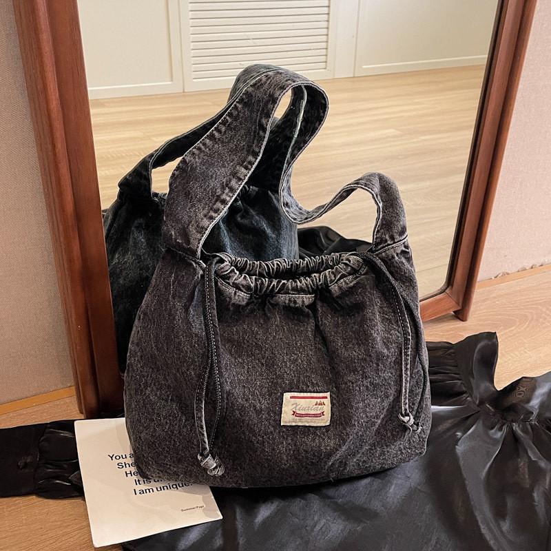 Drawstring Denim Tote Bag For Women With Tophandle Design And Large Capacity For Daily Use