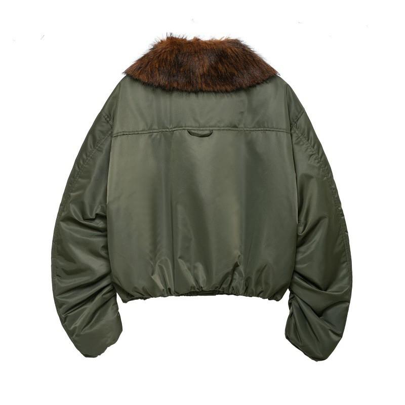 Womens Faux Fur Collar Short Puffer Coat Retro Style Stand Zip Jacket Fall Winter Outerwear