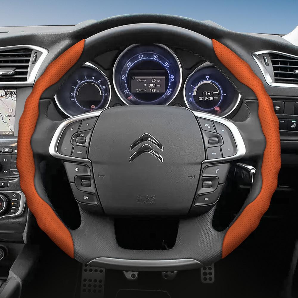 Suitable for Citroen Steering Wheel Cover, Wave-Shaped Sporty Design, Breathable Leather, Segmented Anti-Slip Sweat-Absorbing Steering Wheel