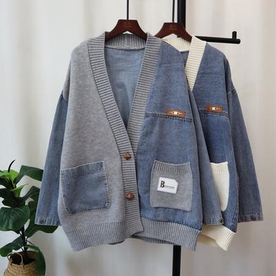 Autumn and Winter New Loose Lazy Wind Denim Splicing Design Sense Knitted Cardigan Women's Sweater Jacket