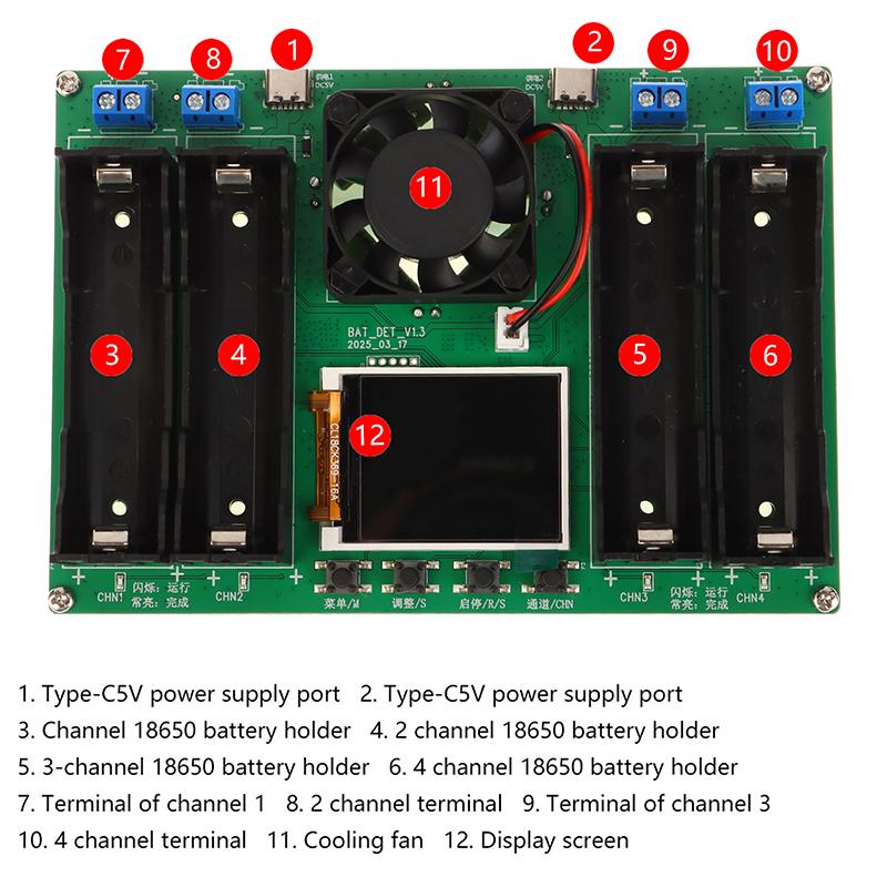 4 Channel 18650 Lithium Battery Capacity Tester Module Digital 18650 Battery Power Detector Tester Module Type-C Interface