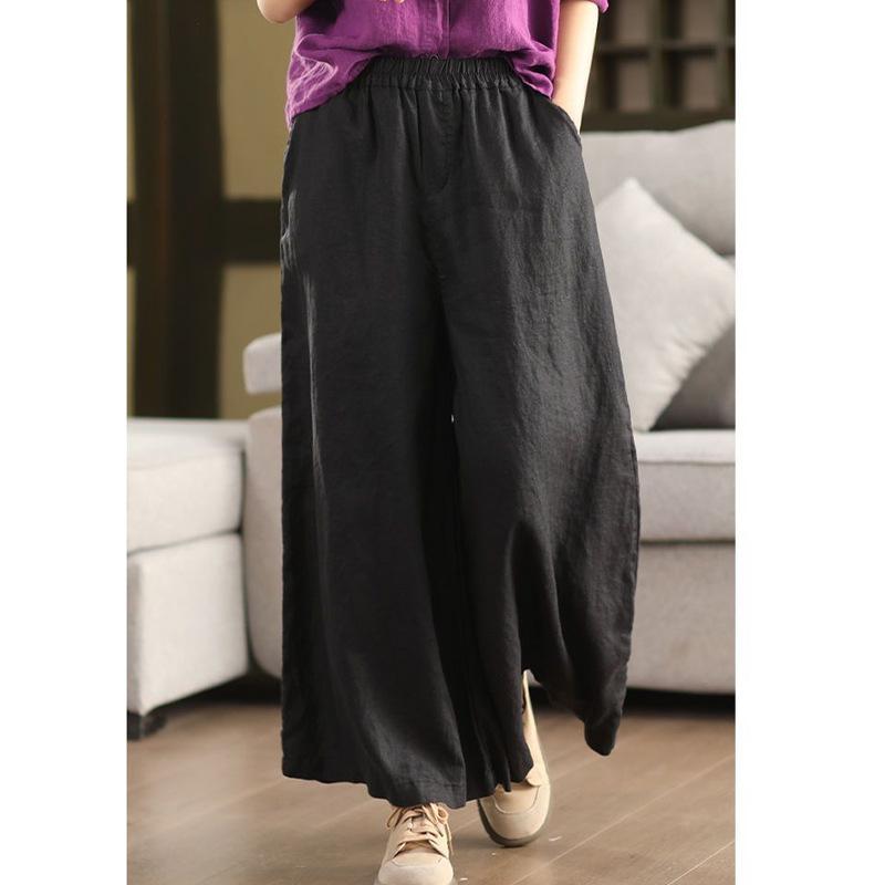 

Summer Cotton Linen Women Vintage Linen Wide Leg Pants Elastic Waist Solid Color Trousers Spring Loose Casual Female Long Pants S чёрный